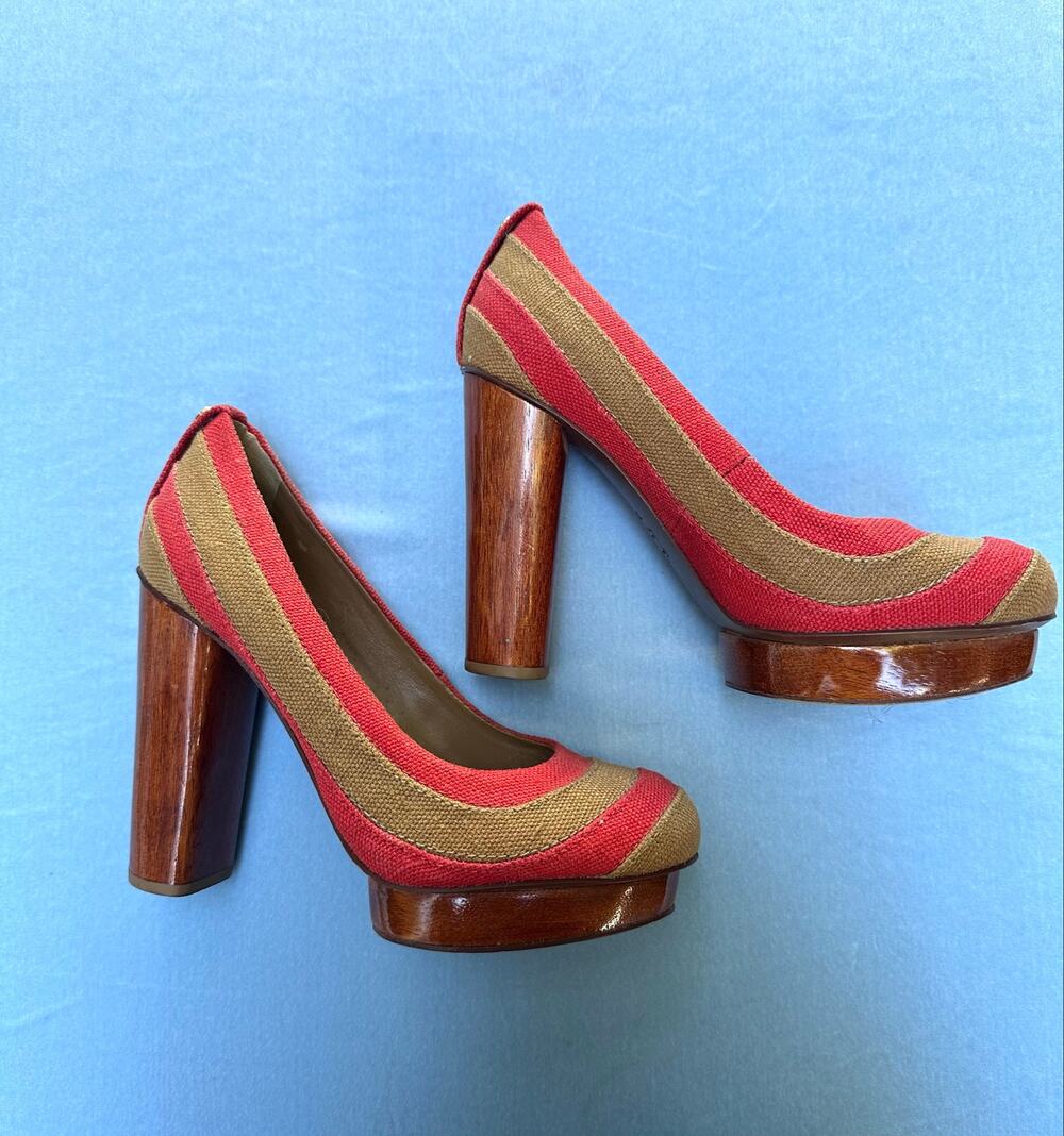 Tory Burch Joelle Platform Pump Linen Striped Red Tan Wood Block Heel Size 7M